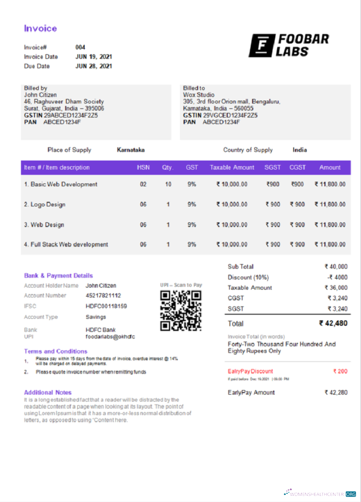 India Foobar Labs Information Technology Company invoice template in Word and PDF format, fully editable, version 2